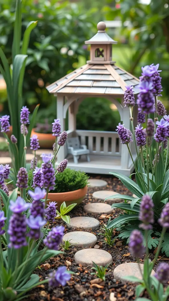 A beautiful miniature fairy garden with lavender flowers and a gazebo.