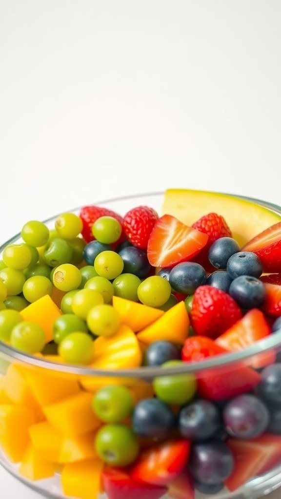 A colorful bowl of fresh fruit salad featuring strawberries, blueberries, green grapes, pineapple, mango, and kiwi.
