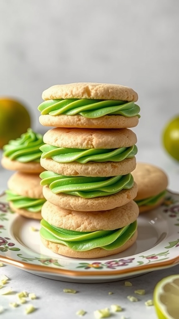 Lime Zest Cookie Sandwiches with green frosting stacked on a plate