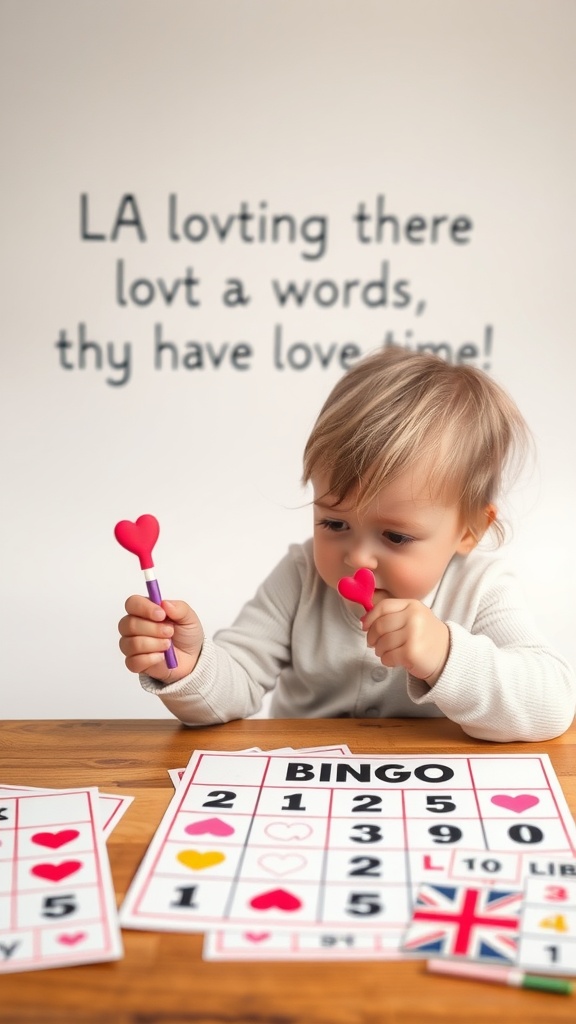 A toddler playing bingo with love-themed cards and daubers