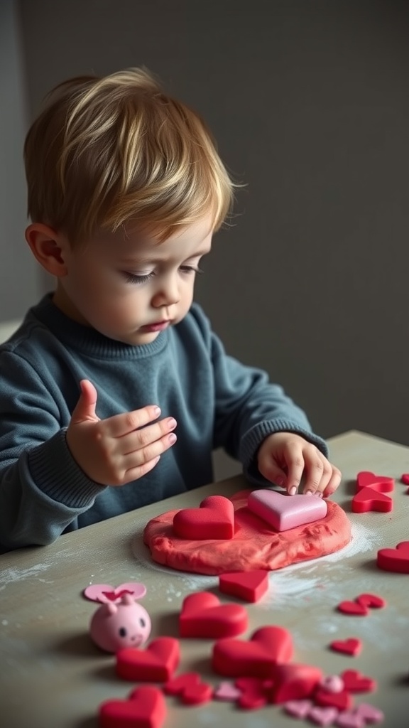 A toddler playing with love-themed playdough, shaping hearts and using fun colors.