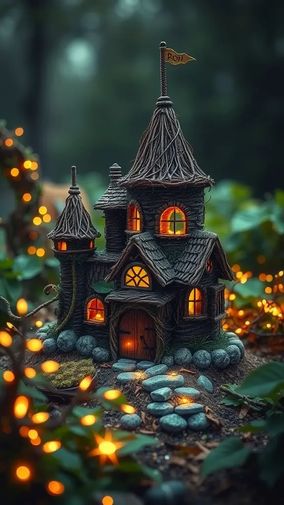 A detailed fairy castle surrounded by glowing lights and a stone pathway, surrounded by greenery