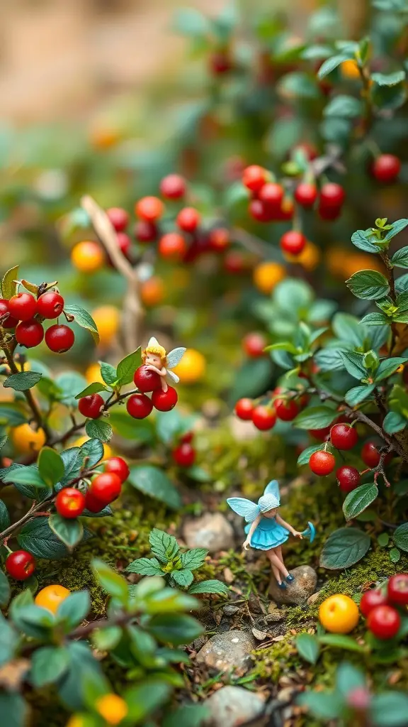 A whimsical fairy garden with bright red and yellow berries surrounded by green leaves and a fairy figure.