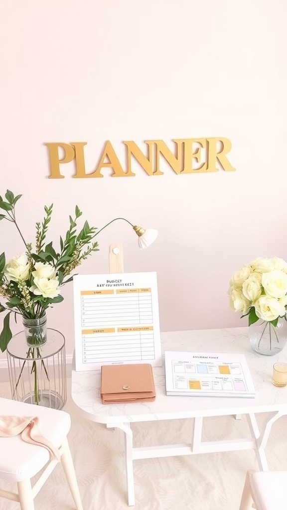 A cozy planning space featuring budgeting sheets, a stylish wallet, and fresh flowers, surrounded by a 'PLANNER' sign.