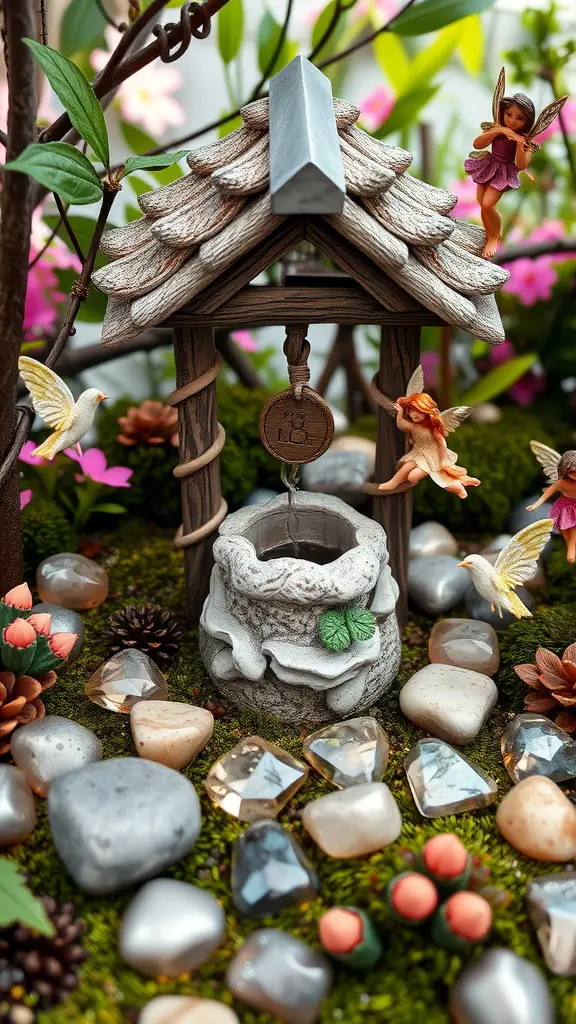 A mini fairy garden featuring a well, colorful stones, and fairy figurines.