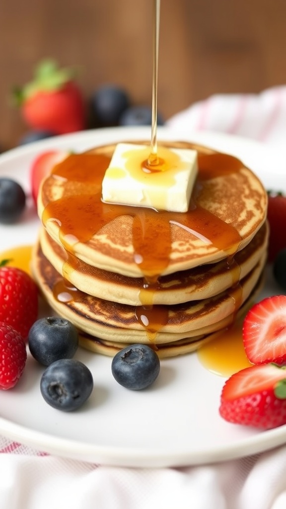 Mini pancake stacks topped with butter and maple syrup, surrounded by fresh berries.