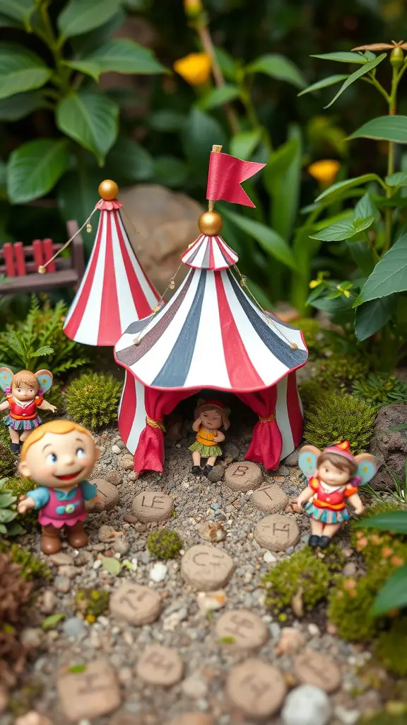 A vibrant miniature fairy circus with colorful tents and playful fairy figurines