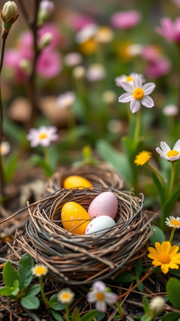 A small nest made of twigs and filled with colorful Easter eggs, surrounded by blooming flowers.