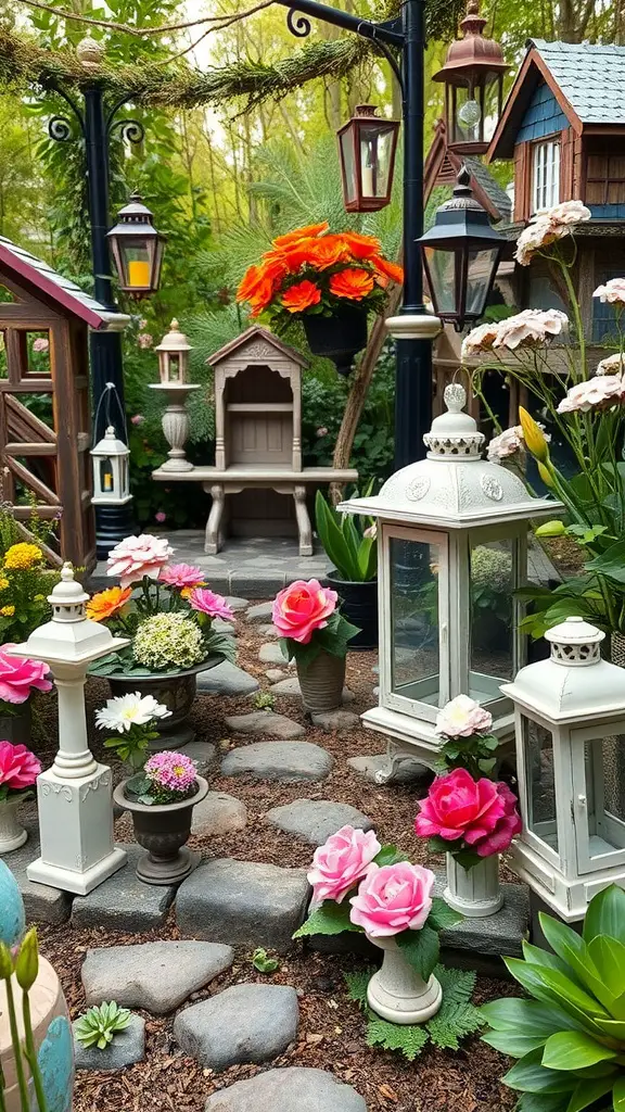 An enchanting mini fairy garden with quaint buildings, lanterns, and colorful flowers.
