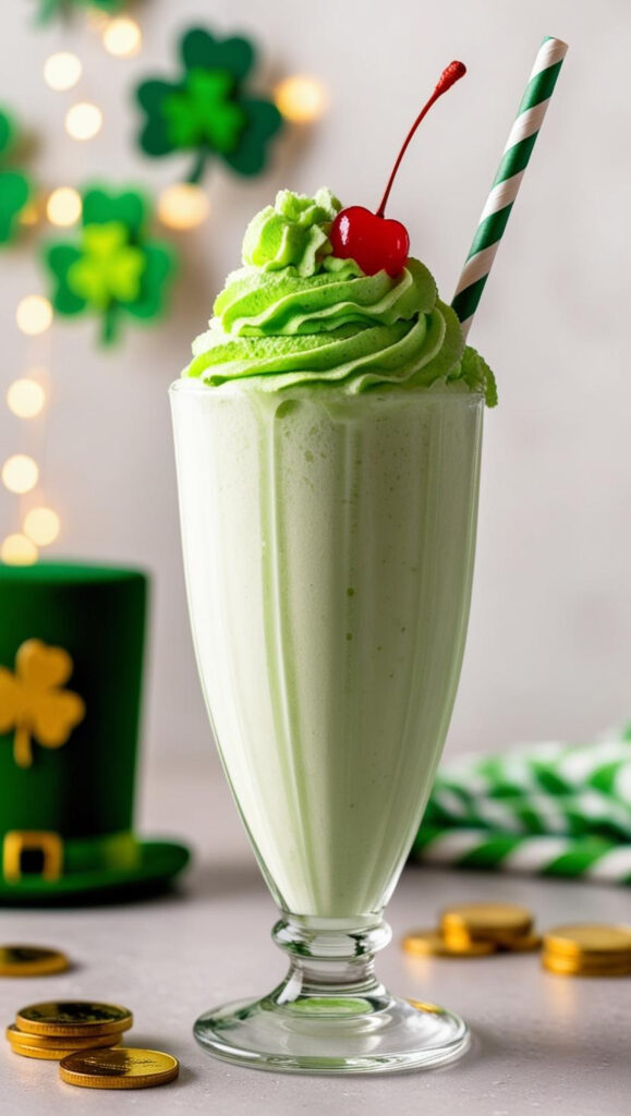 p (8) A creamy green milkshake topped with whipped cream and a cherry, served with a festive straw for St. Patrick’s Day.