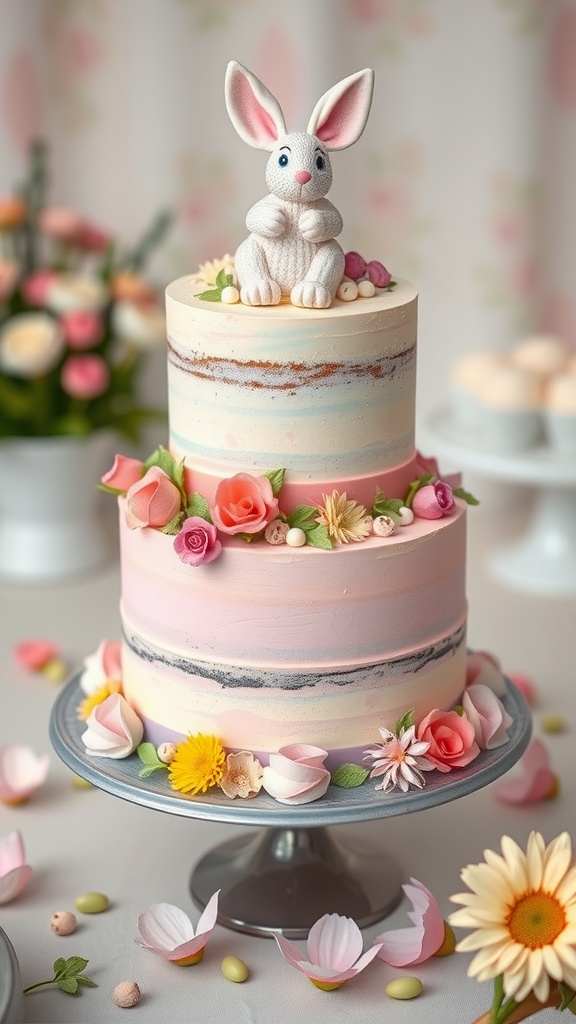 A beautifully decorated pastel layered cake with bunny figurines and flowers.