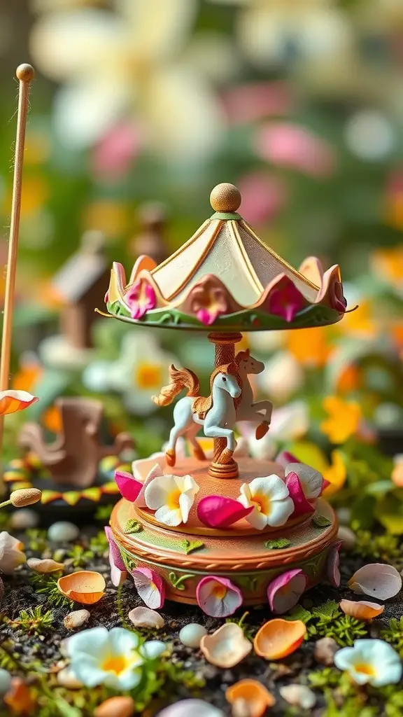 A whimsical petal-powered carousel surrounded by colorful flowers and petals in a fairy garden.