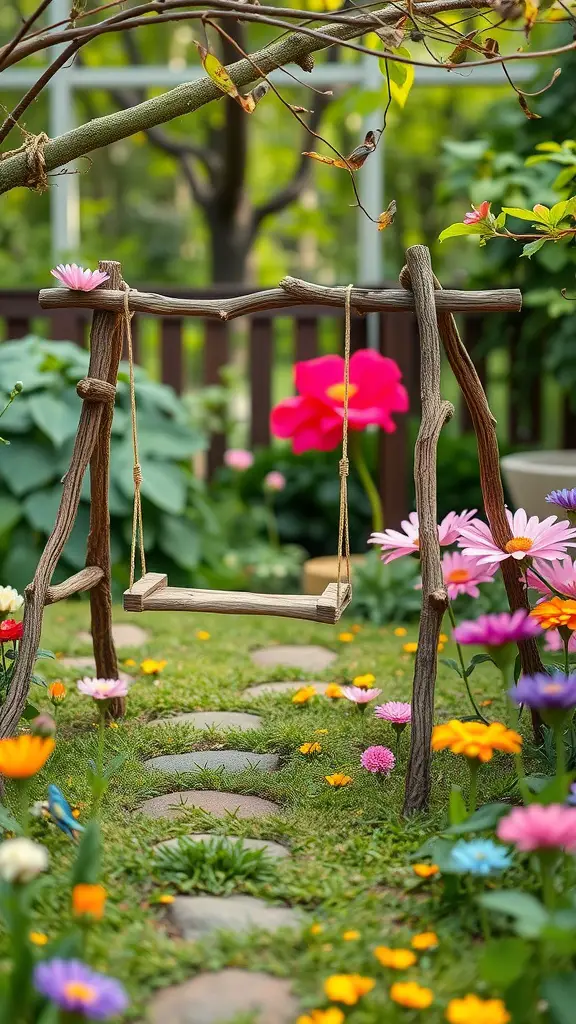A mini fairy garden with a twig swing and colorful flowers