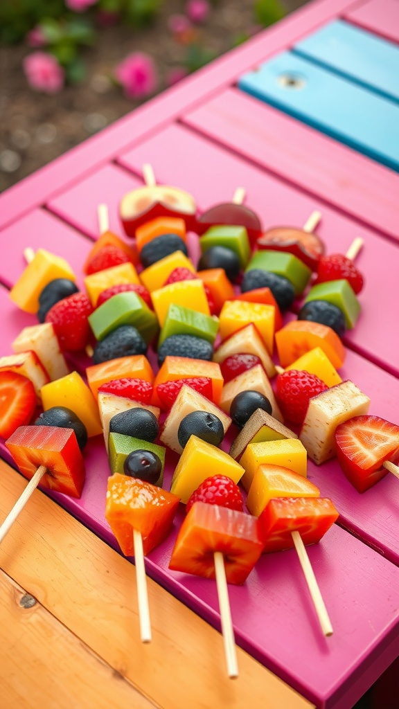 Colorful fruit skewers arranged on a pink table