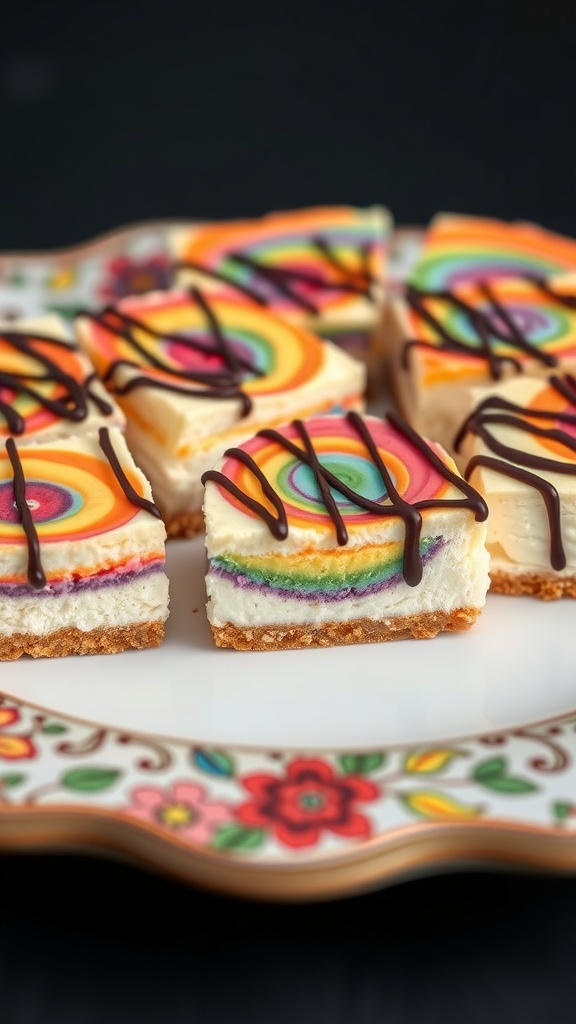 Colorful rainbow swirl cheesecake bars drizzled with chocolate on a decorative plate.