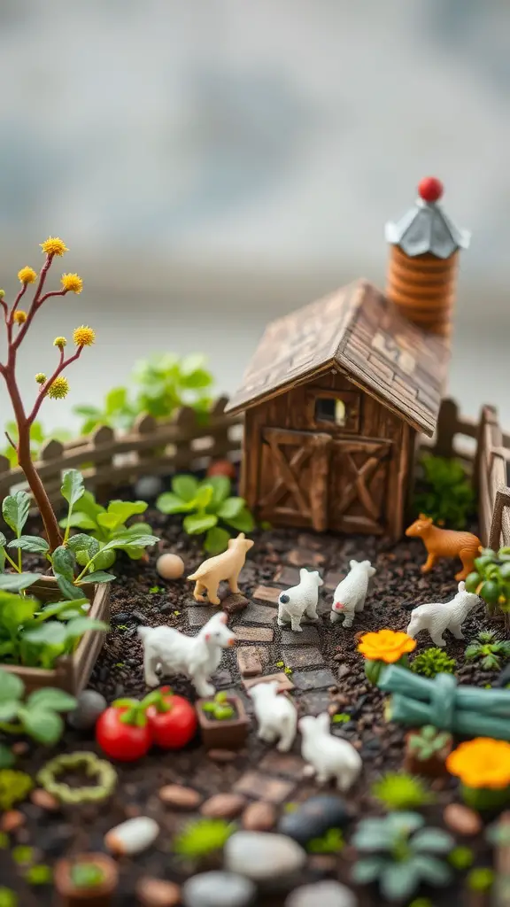 A mini fairy garden with a rustic farmyard theme featuring a small barn, farm animals, and colorful flowers.