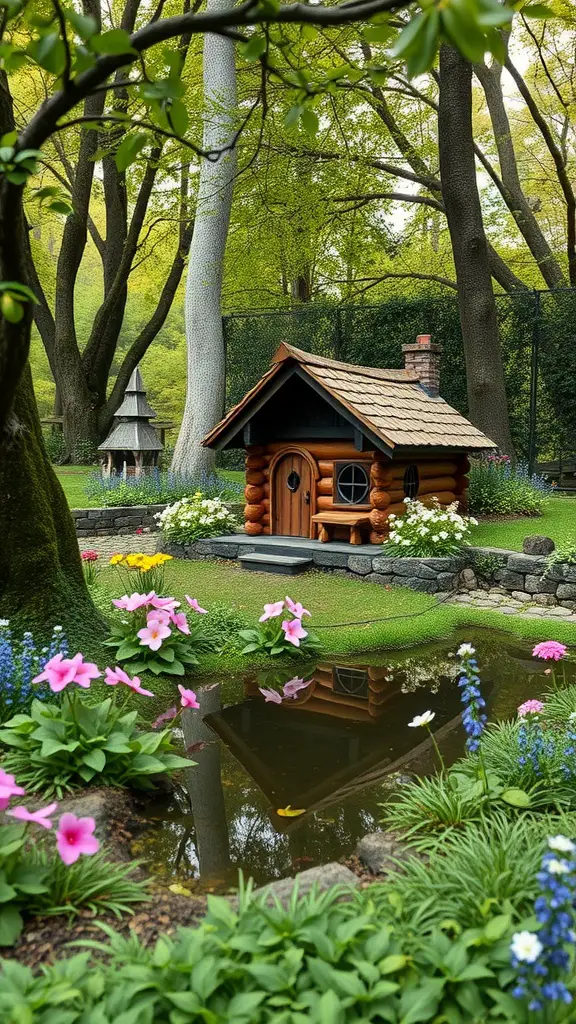 A picturesque rustic log cabin surrounded by colorful flowers and greenery in a mini fairy garden.