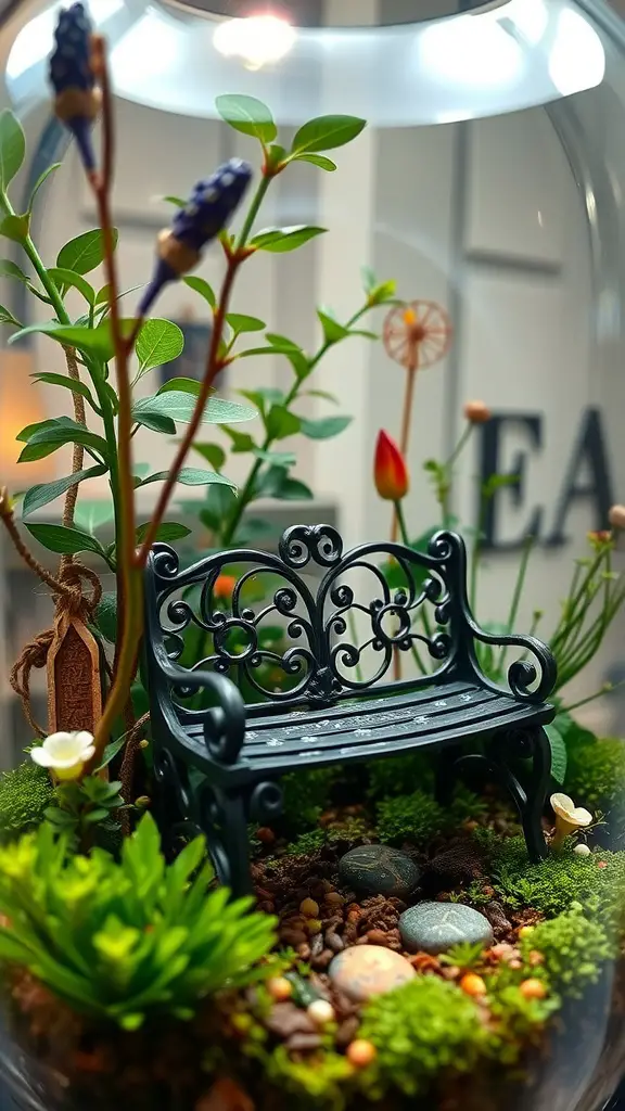 Mini fairy garden with a black bench surrounded by plants and flowers.