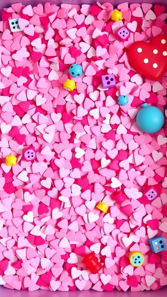 A sensory bin filled with pink and white heart confetti, small toys, and colorful trinkets.