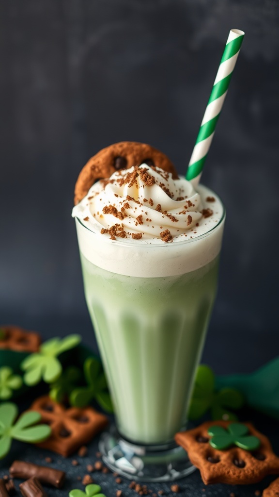 A glass of Shamrock Shake topped with whipped cream and garnished with chocolate shavings.