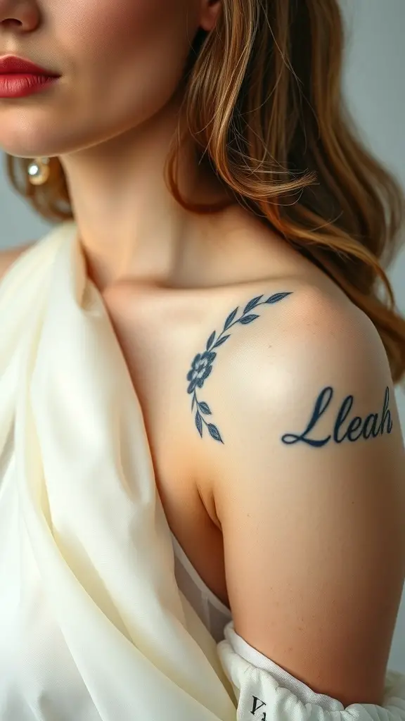 A close-up of a woman's shoulder blade with a tattoo of a flower and the name 'Leah,' partially covered by elegant draping fabric.