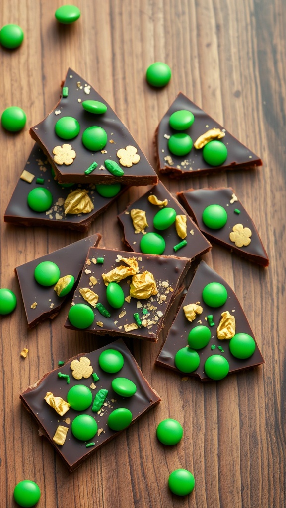 A festive St. Patrick's Day chocolate bark decorated with green and gold toppings.