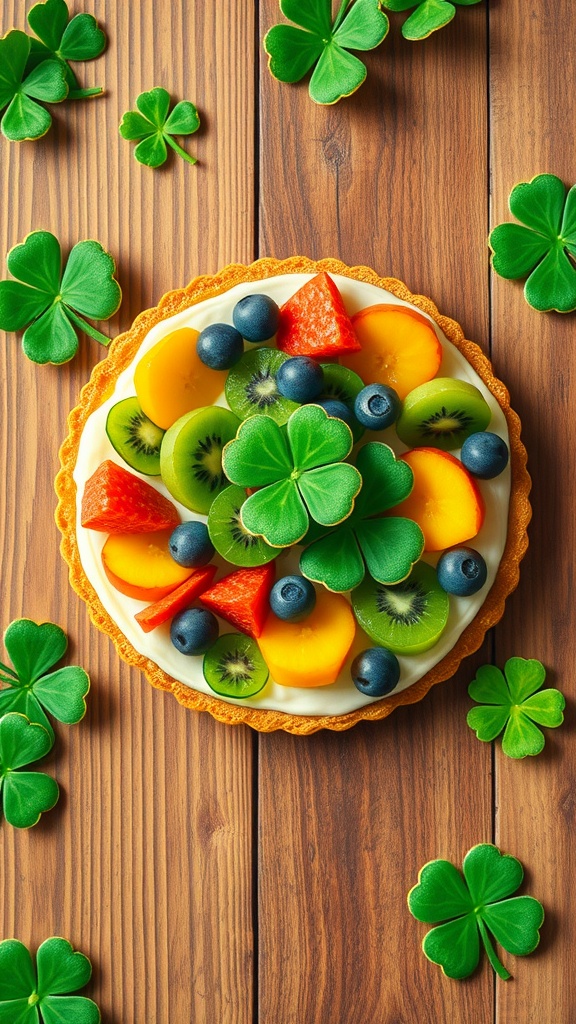 A colorful St. Patrick's Day fruit tart adorned with various fresh fruits and green decorations.
