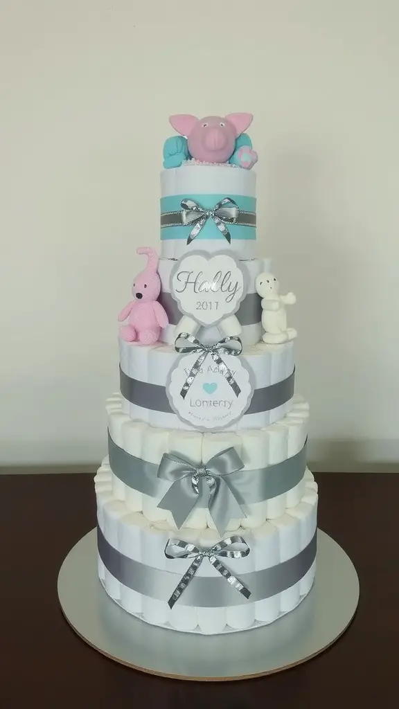 A stylish multi-tiered diaper cake decorated with animal figurines and ribbons.