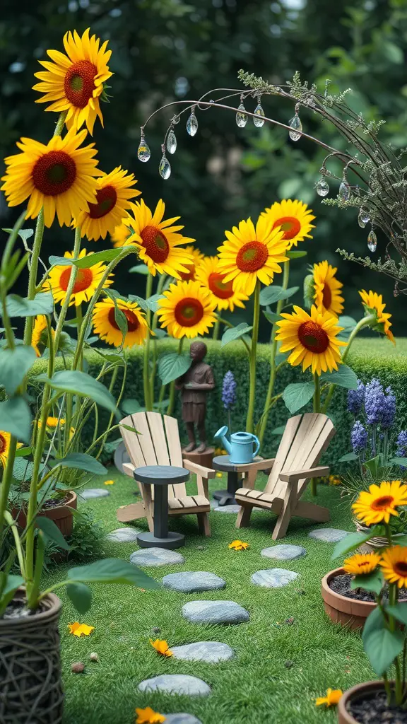 A mini fairy garden filled with sunflowers, featuring chairs and decorative elements