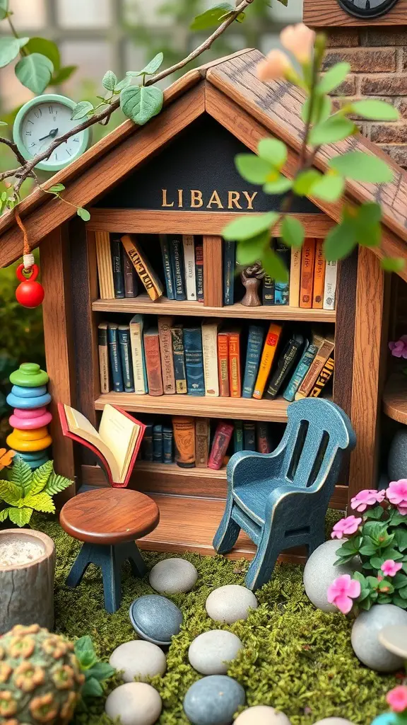 A tiny fairy library with colorful books, a reading chair, and stones surrounded by greenery.