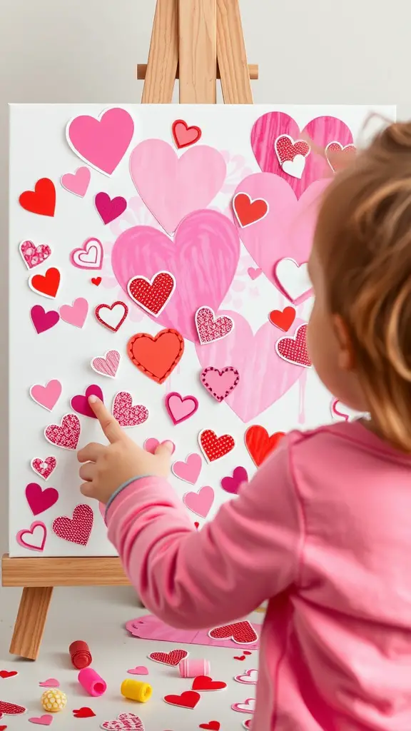 A toddler decorating a canvas with heart stickers for Valentine's Day.