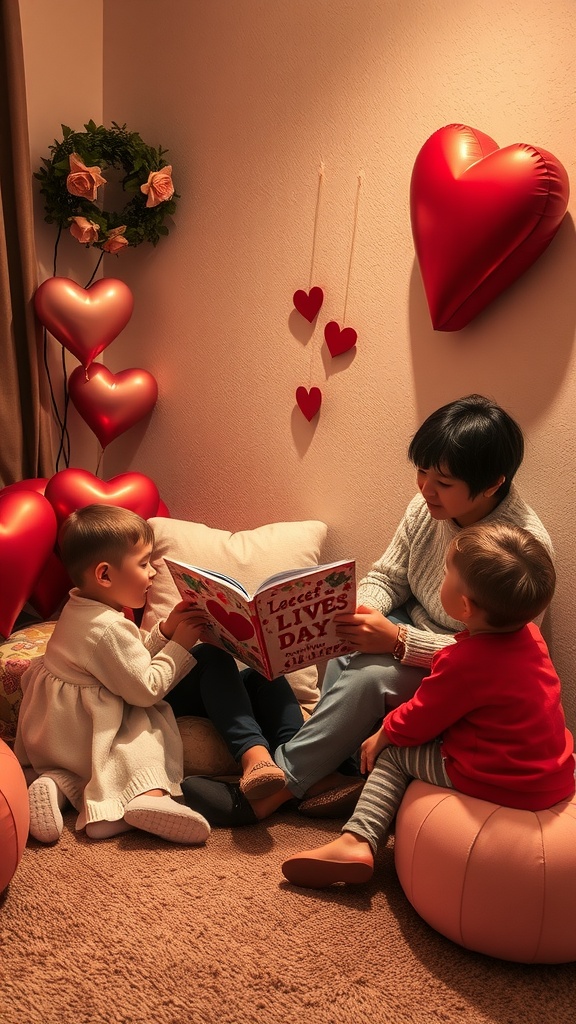 A cozy storytime scene with a parent reading to two toddlers surrounded by heart decorations.
