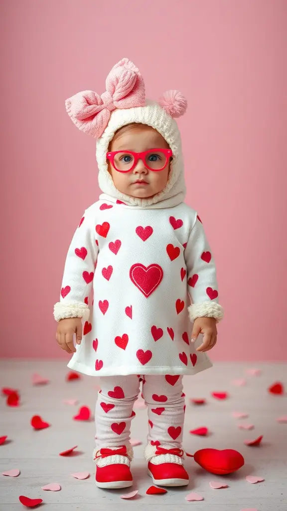 Toddler dressed in a heart-themed outfit with a cute hat and glasses, surrounded by heart-shaped confetti.