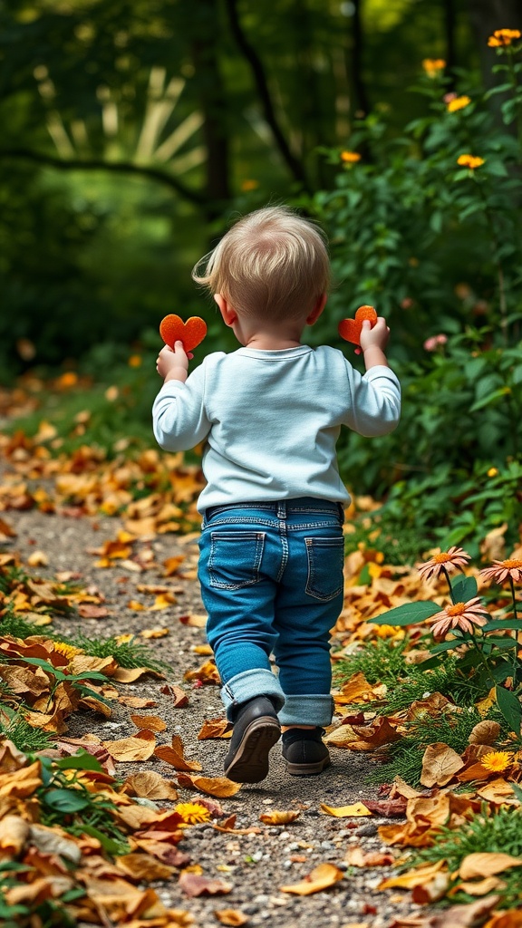 A toddler walking down a path holding two orange heart cutouts surrounded by autumn leaves and flowers.