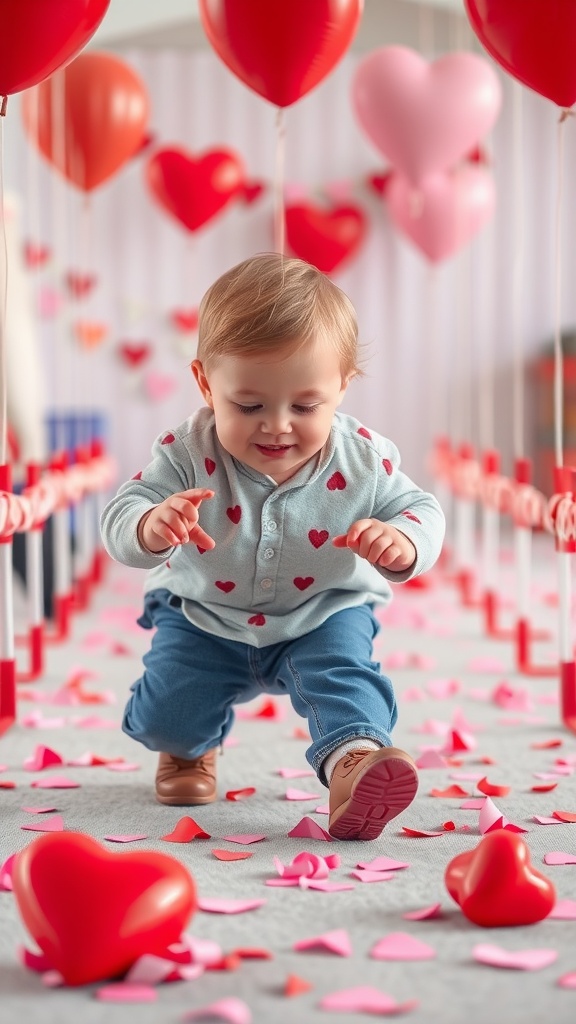 A toddler running through a festive Valentine's themed obstacle course with heart balloons and decorations.