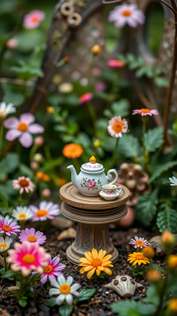 A miniature vintage tea party scene with a teapot on a pedestal surrounded by colorful flowers and tiny seashells.