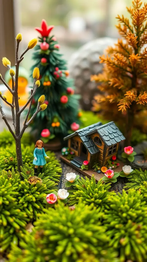 A mini fairy garden featuring a cozy house, vibrant greenery, and a miniature figure in a whimsical forest setting.