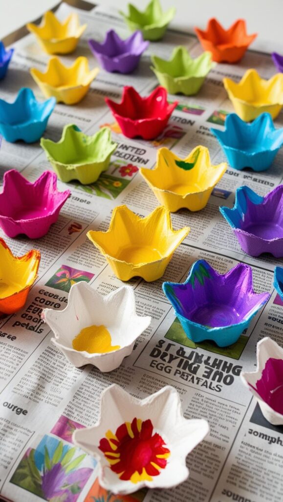 A vibrant array of painted egg carton petals drying on a newspaper-covered table. A vibrant array of painted egg carton petals drying on a newspaper-covered table.