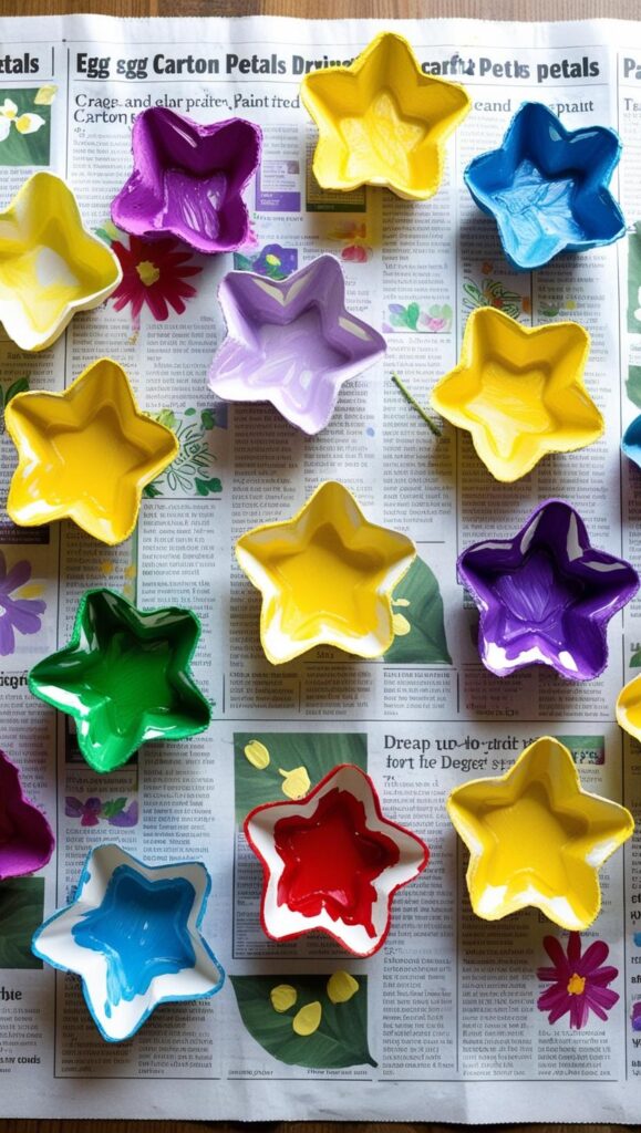 A vibrant array of painted egg carton petals drying on a newspaper-covered table. (1) A vibrant collection of painted egg carton petals drying on a newspaper-covered table image 2