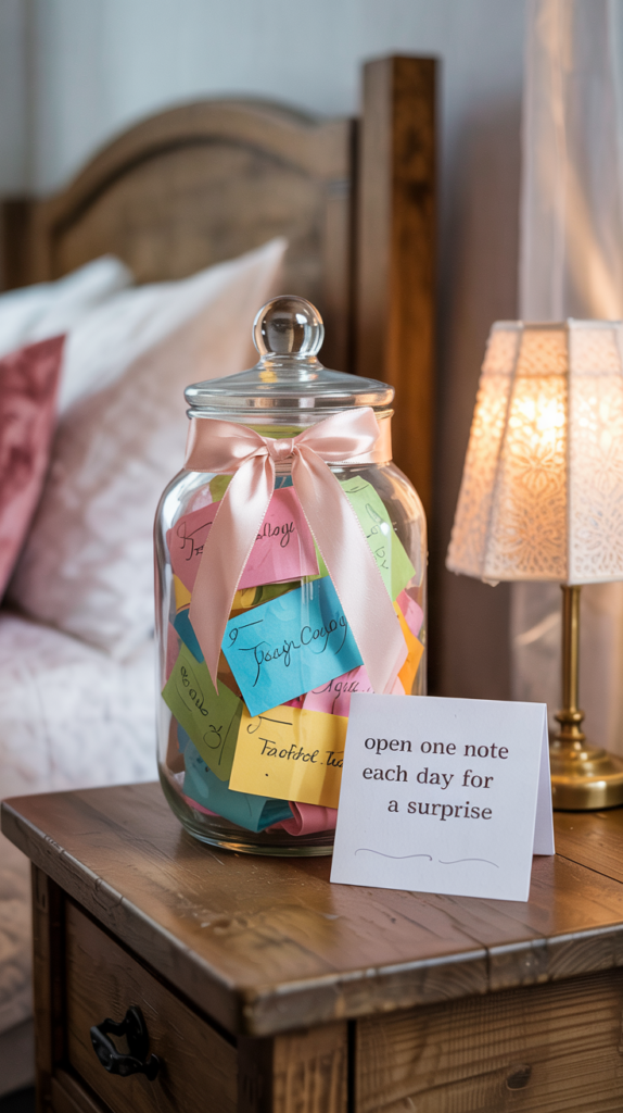 a-photograph-of-a-decorative-glass-jar-w_bSnopiwIRW6tBIWqE6wLcg_qYtuW8U1SM-EmPqh9bUBkA A decorative glass jar with a ribbon around its neck, filled with colorful folded paper notes, sitting on a bedside table with a small instruction card propped against it.