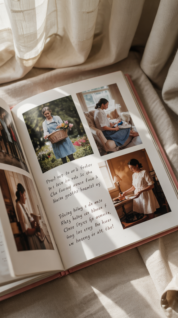 a-photograph-of-an-elegant-coffee-table-_DWxN08cFSRWSWh_MeYWHNw_X-PYDOlhQh2MhwHn_omtDQ An elegant photo book open to reveal candid photos of a mother in everyday moments – tending to a garden, reading to a child, preparing a meal with concentration on her face – with handwritten captions explaining the impact of these seemingly small moments.