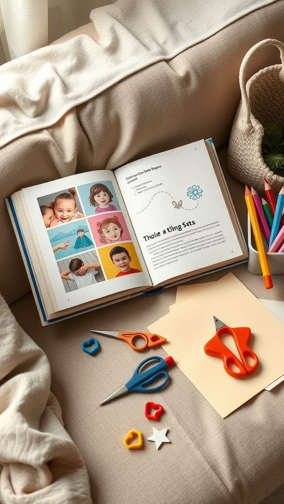 A cozy setting with a photo book open, scissors, colored paper, and craft supplies.
