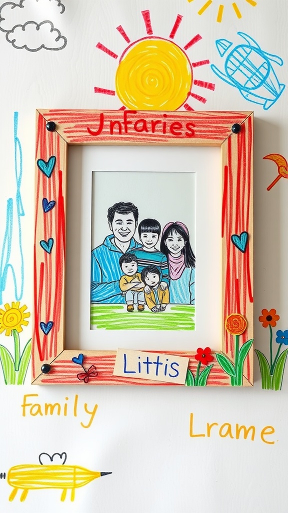 A colorful custom photo frame decorated by kids with flowers, hearts, and a sunny drawing around a family photo.