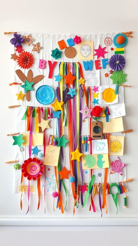 A colorful wall hanging made with various kids' crafts including ribbons, flowers, and drawings.