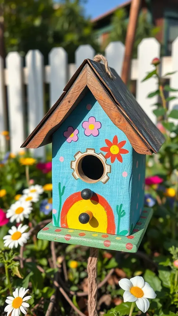 Colorful birdhouse decorated by kids with flowers and bright colors.