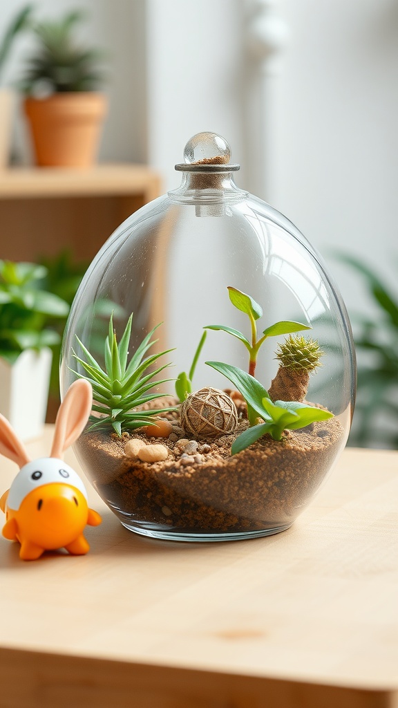 A glass terrarium filled with small plants and decorative stones, with a cute toy in front.
