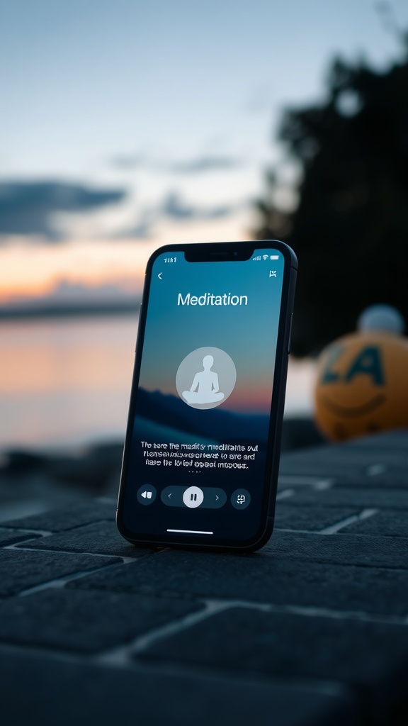 A smartphone displaying a meditation app with a calming background.