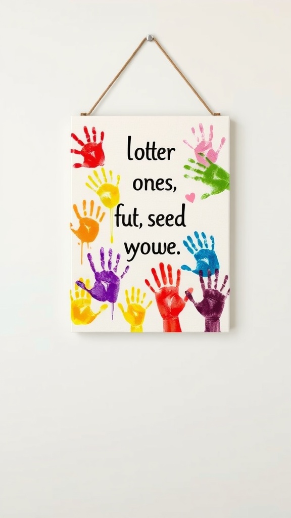 Colorful handprint art canvas with the text 'lotter ones, fut, seed yowe'