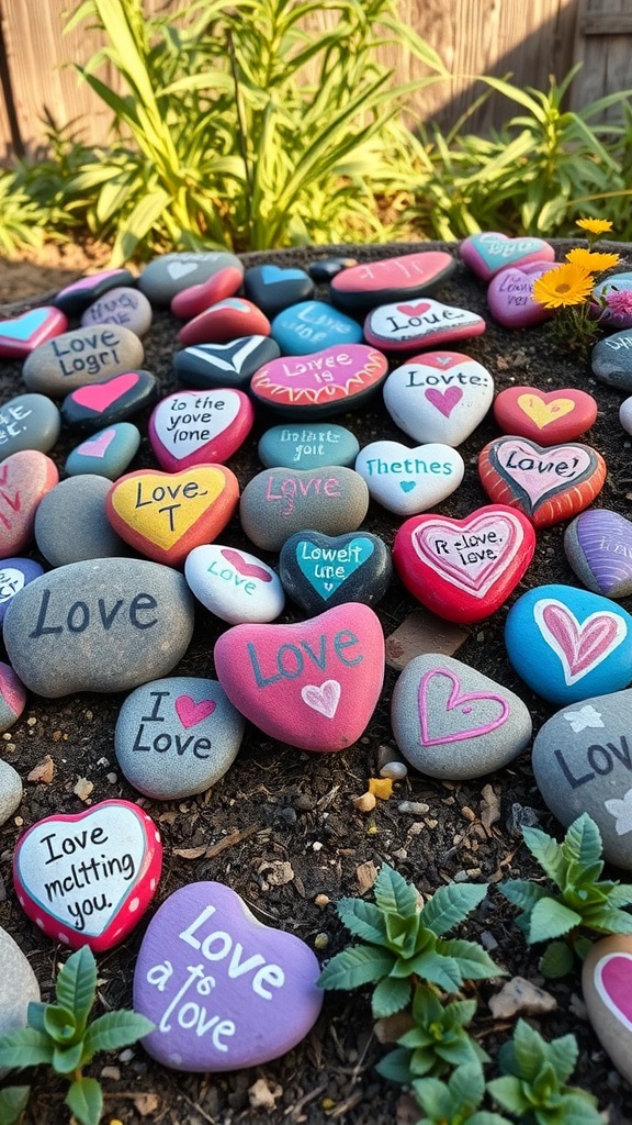 Colorful heart-shaped painted rocks with messages of love