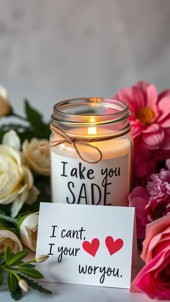 A lit candle in a jar with a handmade card and flowers.